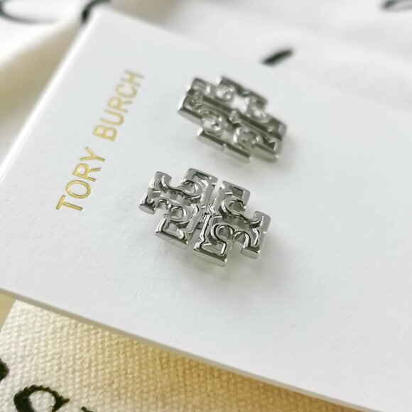 Tory Burch Stud Earrings - Britten Logo - Silver - Picture 2 of 3